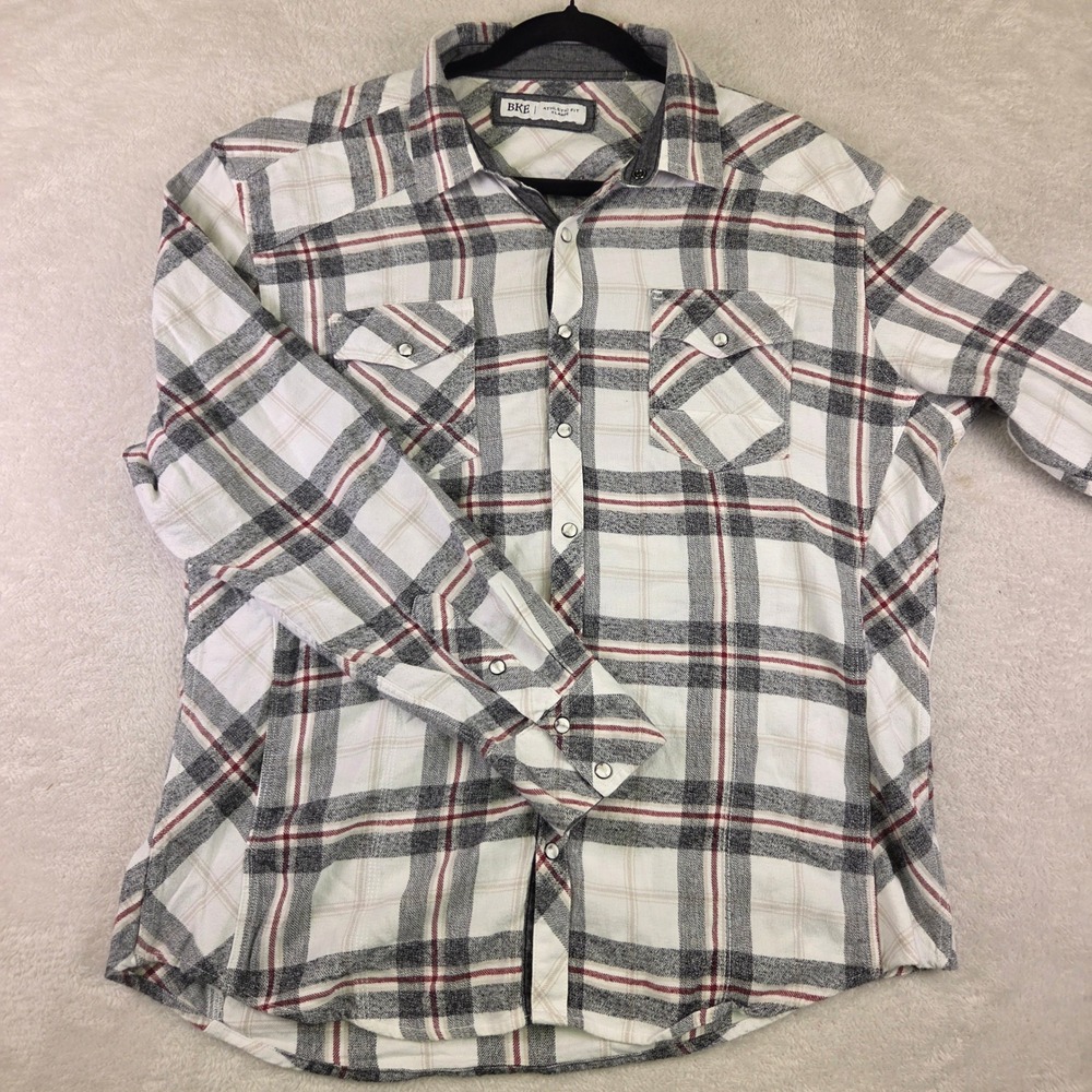 BKE Mens Athletic Fit Plaid Snap Button Shirt White Grey Red XL BK00020